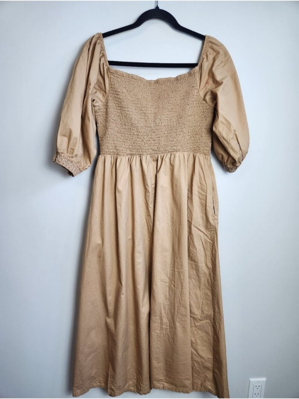 100 % Cotton Summer Dress Midi Size Large Smocked Puff Sleeves Milkmaid Coquette - Picture 3 of 11